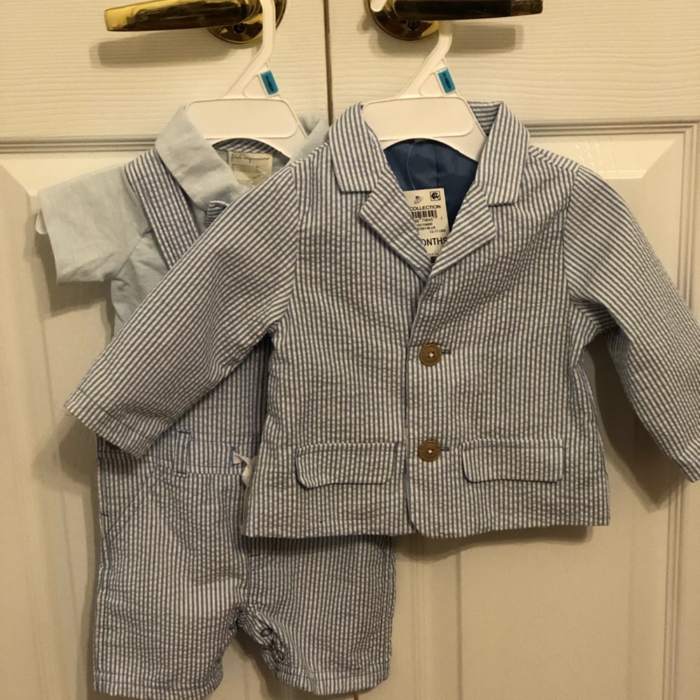 NWT First Impressions 3 Piece Seersucker Overall Suit Set- size 3-6 months